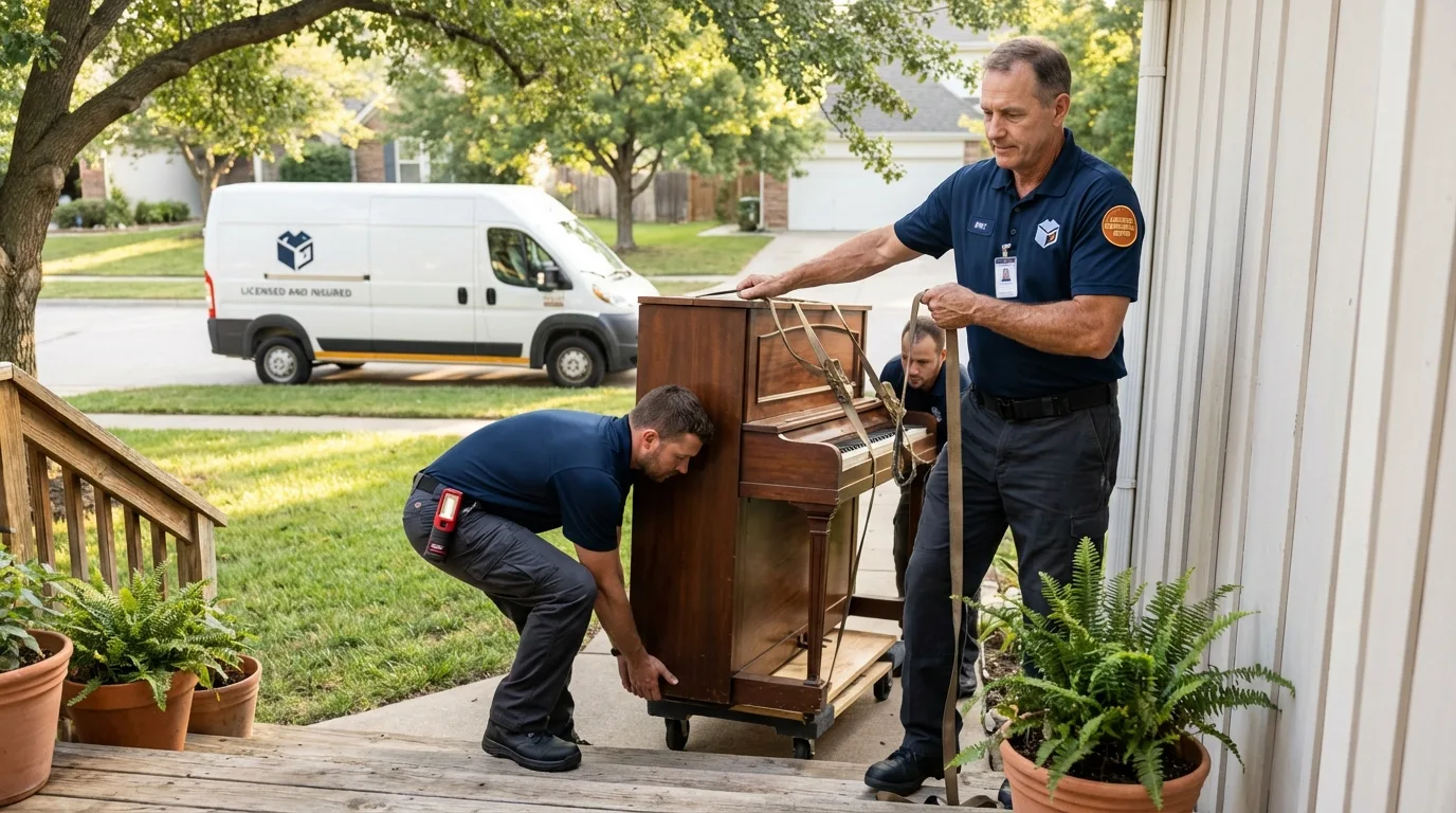 Licensed piano movers securing grand piano in Lansdale, PA