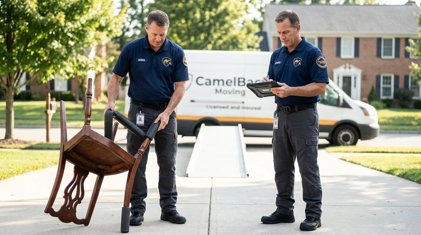 Movers inspecting furniture for damage prevention before loading in Lansdale, PA