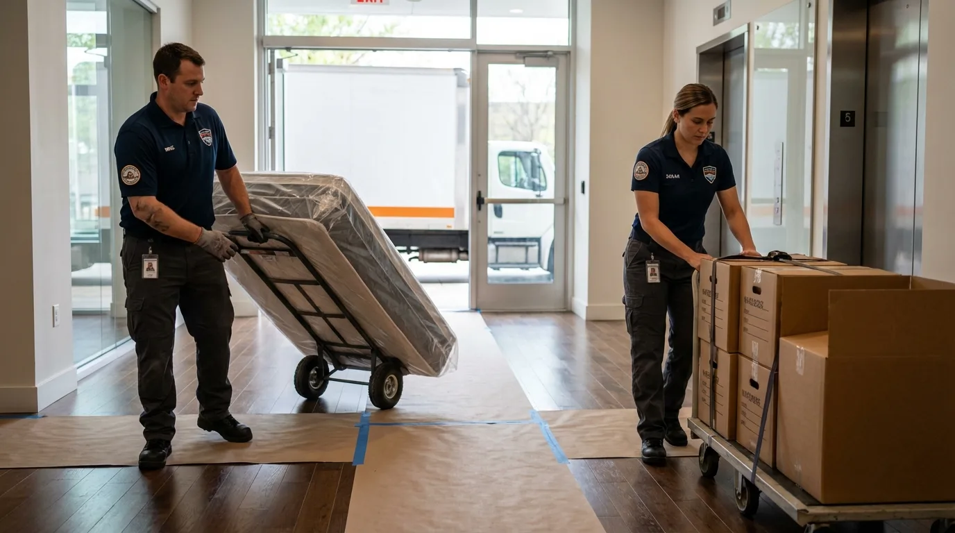 Professional apartment movers loading elevator in Lansdale, PA