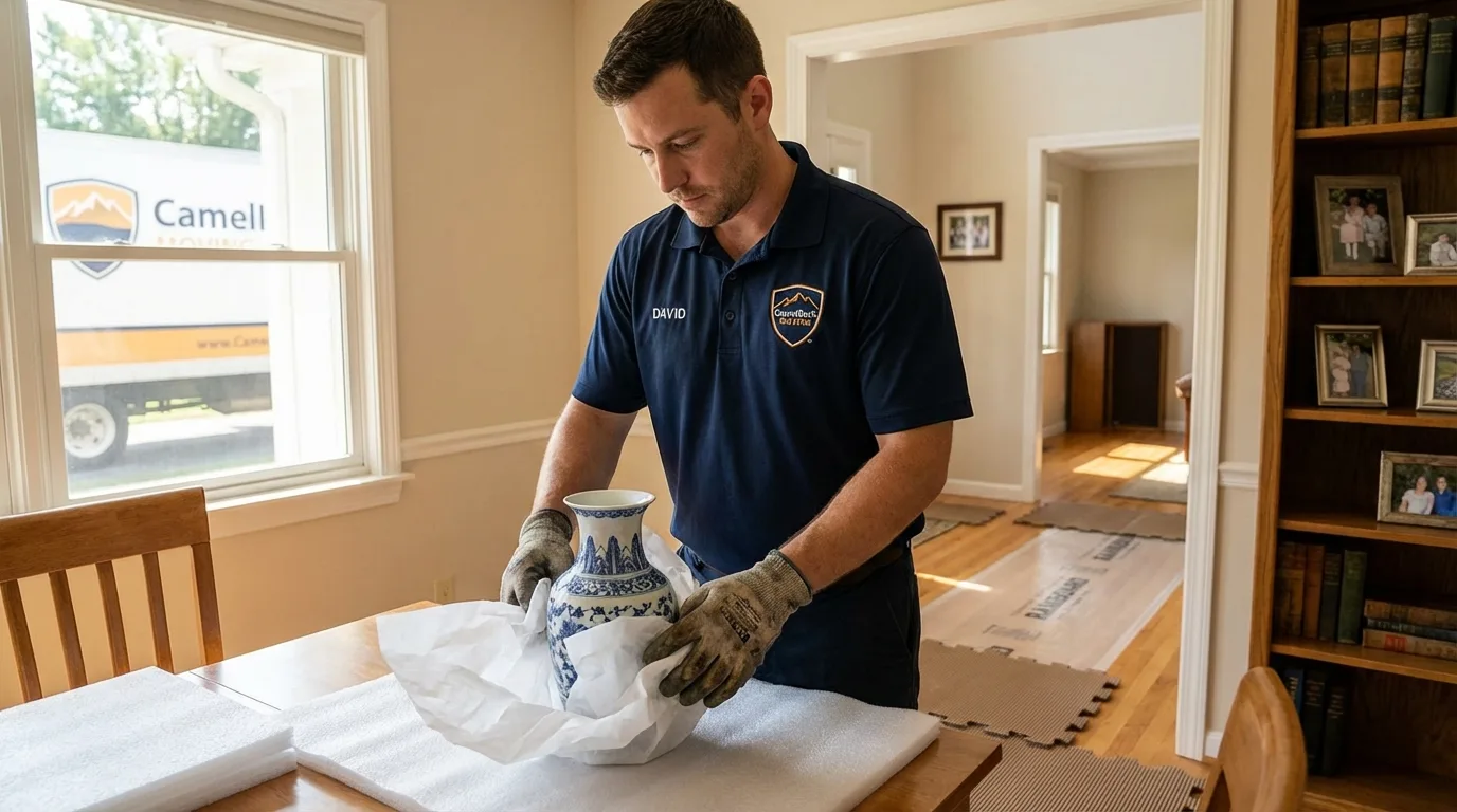Professional crew carefully wrapping antique vase for senior downsizing move in Lansdale, PA